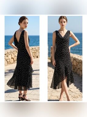 Ultra Dress Women Sz 16 Vintage 90’s  Polka Dot draped neck lined Midi Dress
